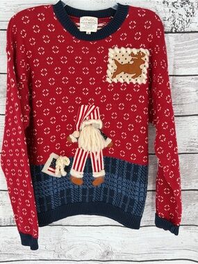 Vintage Susan Bristol Red & Navy Holiday Gnome Crewneck Sweater